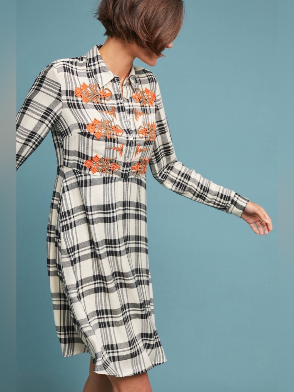 Anthropology Maeve Embroidered Plaid Shirt Dress Size S